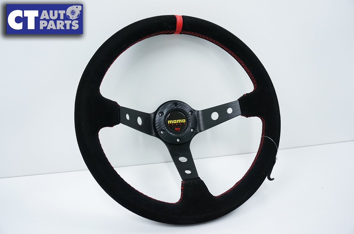 Universal 350mm Red Suede Leather Deep Dish Steering Wheel Red Stitching 