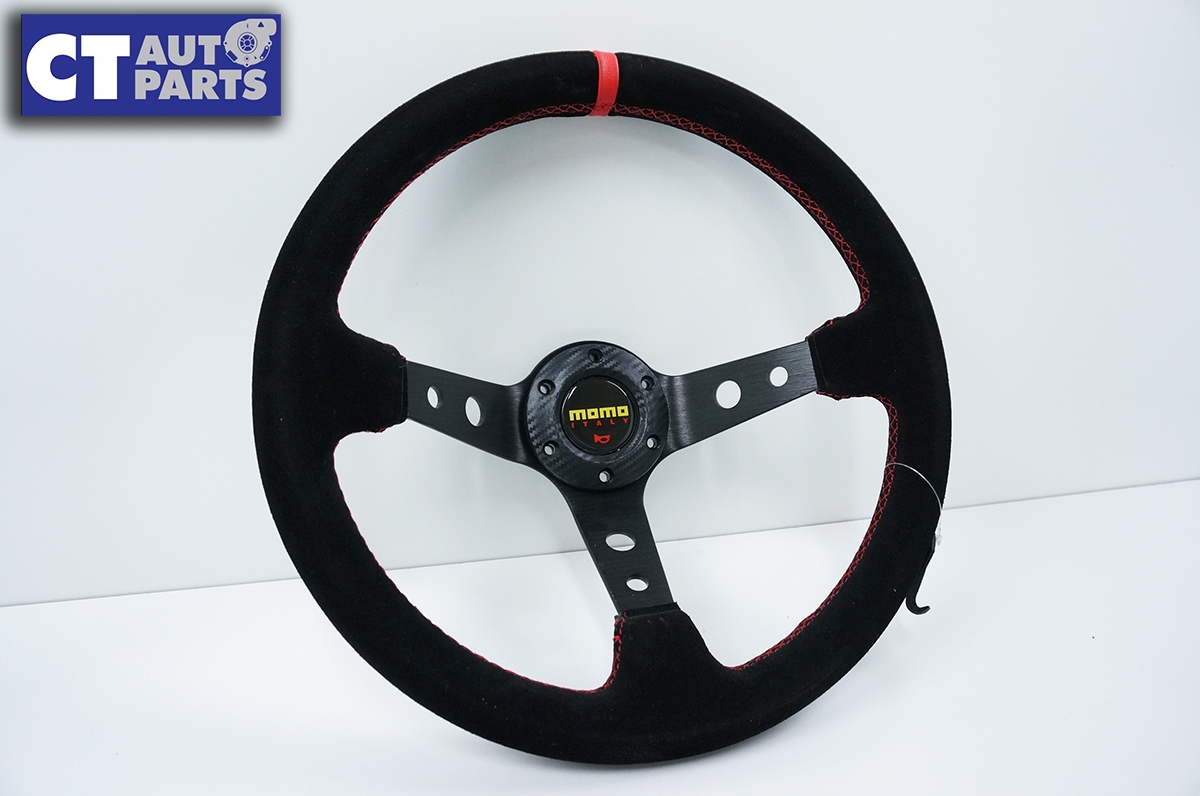 Universal 350mm Red Suede Leather Deep Dish Steering Wheel Red Stitching Universal 350mm Red Suede Leather Deep Dish Steering Wheel Red Stitching