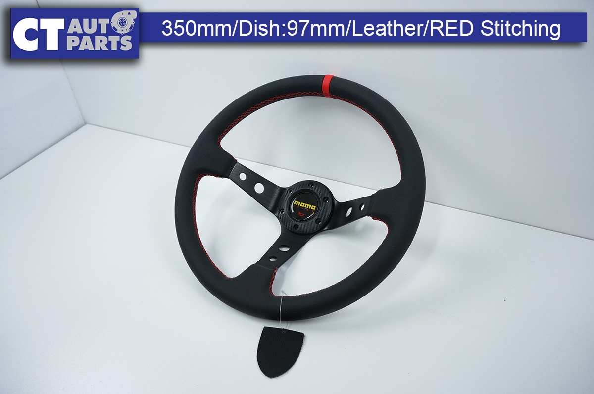 350mm Steering Wheel Leather Red Stitching 97mm Deep Dish Ct Autoparts