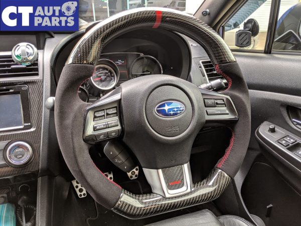 Carbon Fibre Alcantara Steering Wheel Red Line+Stitching for 14-19 SUBARU WRX STI LEVORG -0