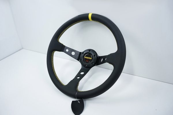 Momo style 350mm Leather Yellow stitching Racing Steering Wheel 97mm Deep dish