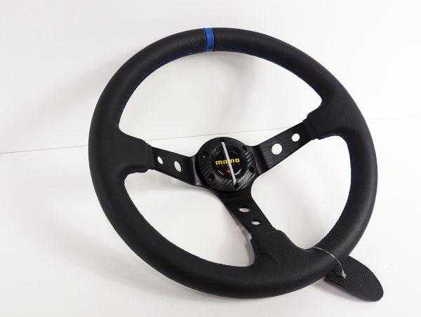 Momo style Leather Blue stitching Racing Steering Wheel Universal fit 97mm Deep dish