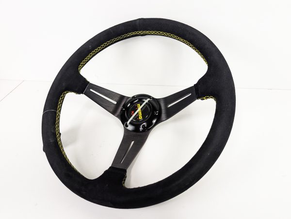 Momo style Suede Yellow stitching Racing Steering Wheel Universal fit 97mm Deep dish