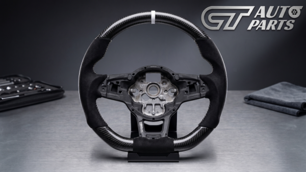 Custom Flat-Bottom Carbon Fibre Alcantara Steering Wheel | White Stitching | VW Golf MK7 R GTI Polo