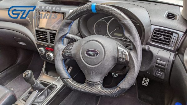 Carbon Leather Steering Wheel Blue Stitching Blue Centre line for 2008-2013 Subaru Impreza WRX STI RX G3