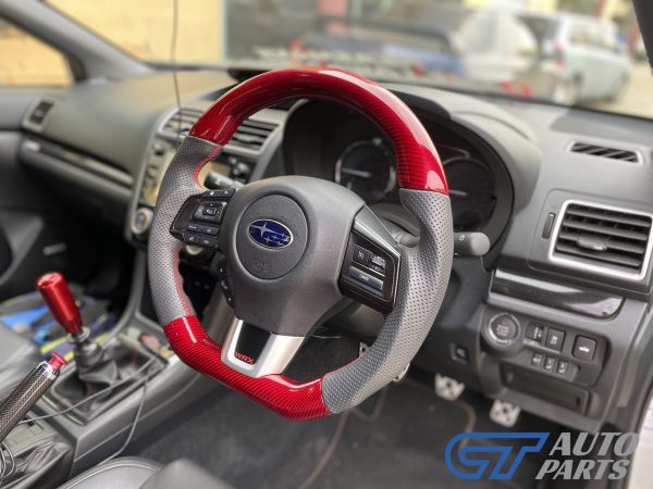 Red Carbon CF Leather Steering Wheel Red Stitching for 15-21 Subaru WRX STI Levorg