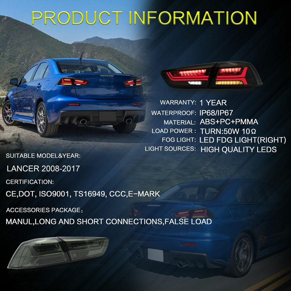 VLAND Smoked LED Tail Lights For 2008-2019 20 Mitsubishi Lancer Start-up Animation