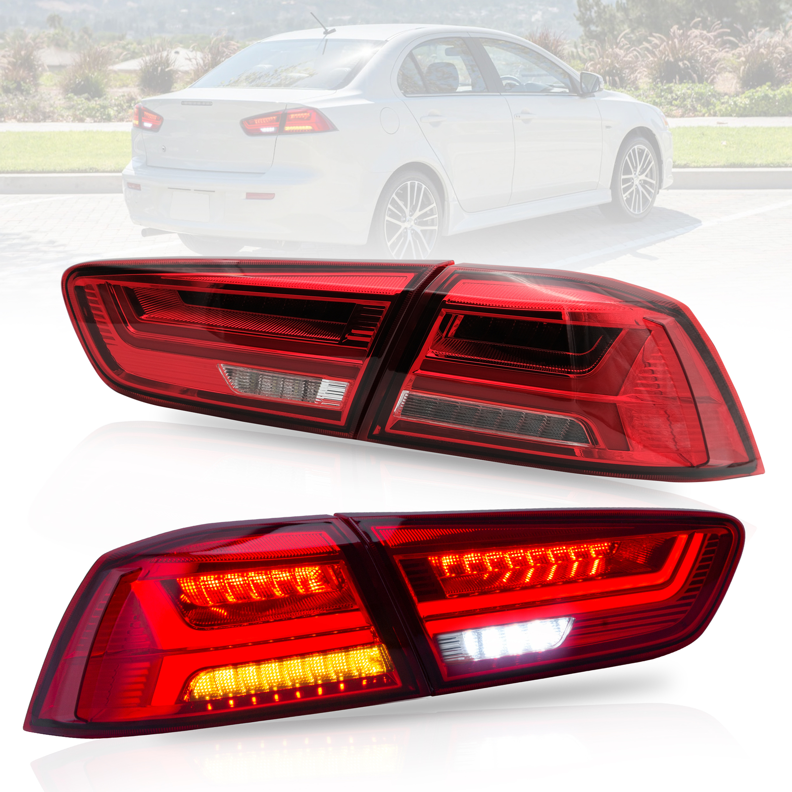 VLAND Red LED Tail Lights for Mitsubishi Lancer CJ/CF & EVO X 2008–2020 Start-up animation