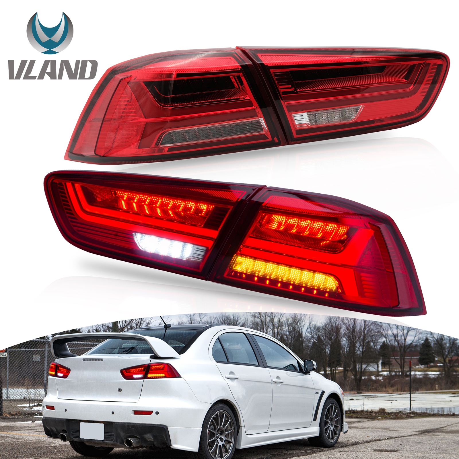 VLAND Red LED Tail Lights for Mitsubishi Lancer CJ/CF & EVO X 2008–2020 Start-up animation