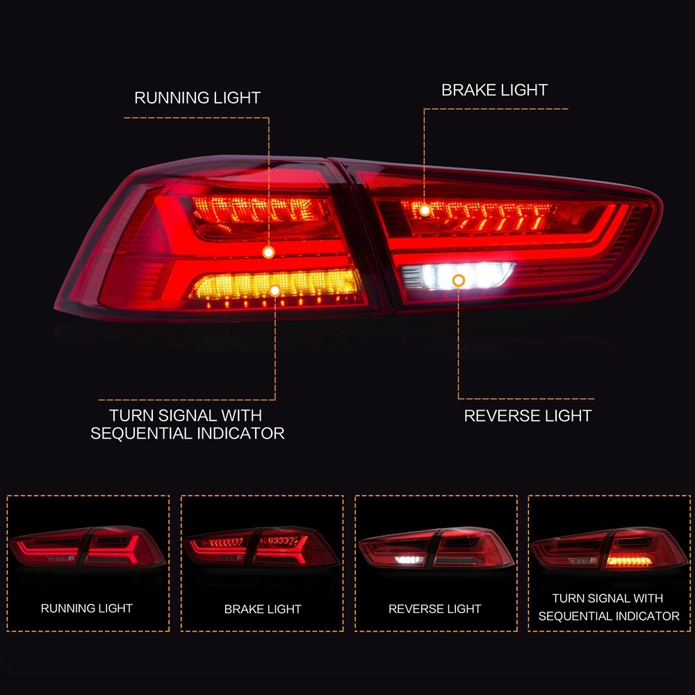 VLAND Red LED Tail Lights for Mitsubishi Lancer CJ/CF & EVO X 2008–2020 Start-up animation