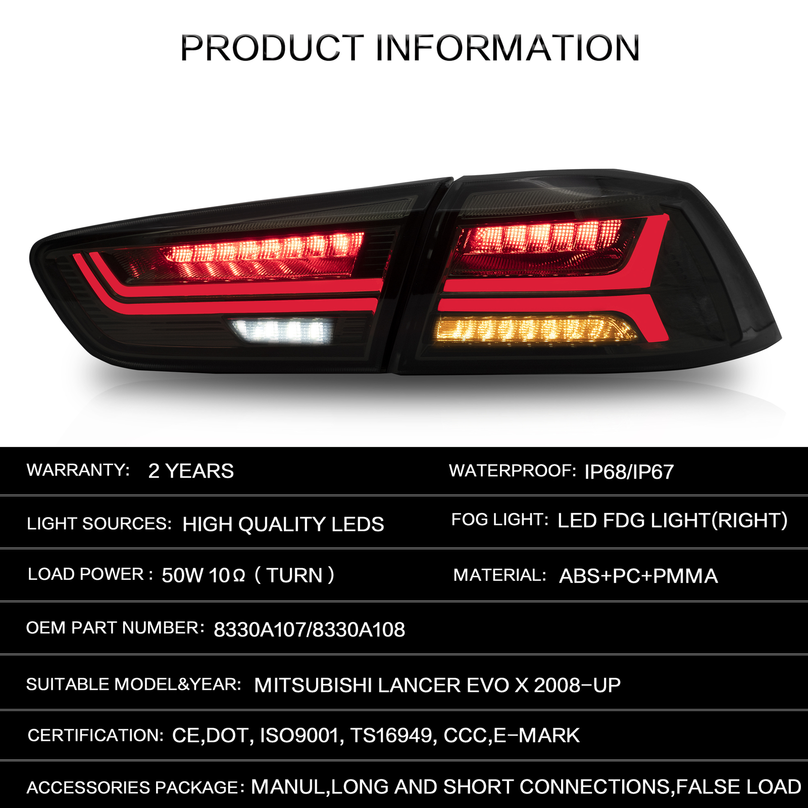 VLAND Smoked LED Tail Lights For 2008-2019 20 Mitsubishi Lancer Start-up Animation