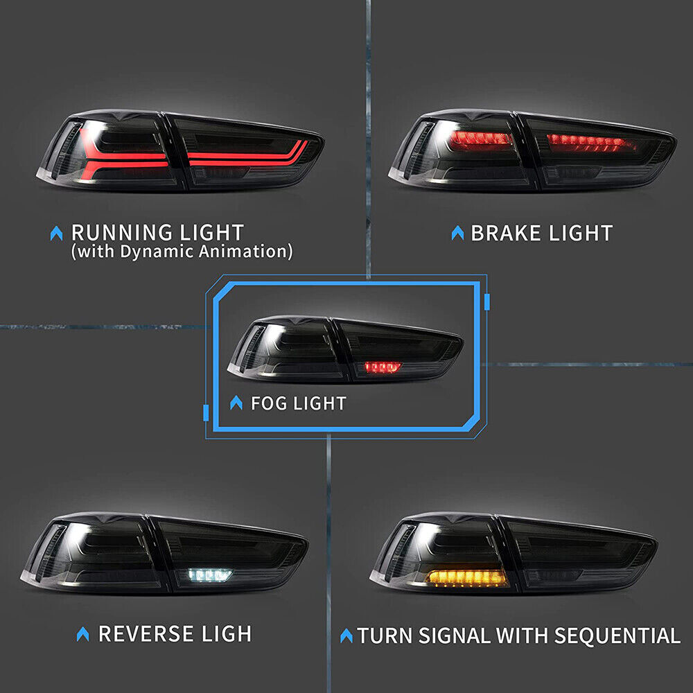 VLAND Smoked LED Tail Lights For 2008-2019 20 Mitsubishi Lancer Start-up Animation